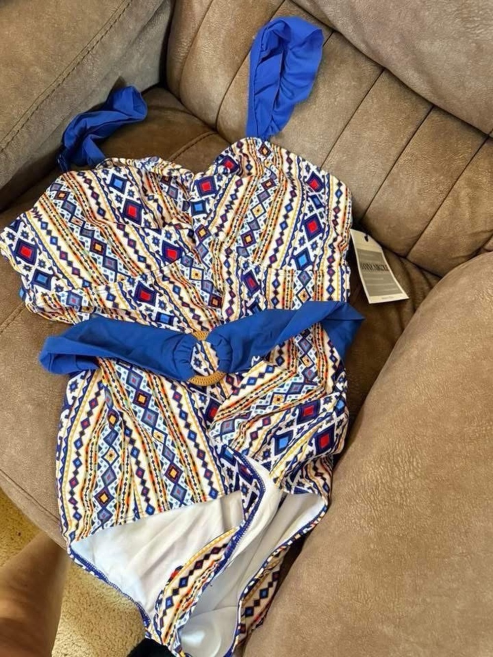 Blue Patterned One-Piece Swimsuit with Belt